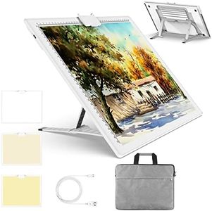 A3 Wireless Light Pad with Carrying Case, QENSPE Rechargeable Battery Powered LED Tracing Light Box, 3 Color Modes and 6 Levels Brightness Dimmable Copy Board for Diamond Art with Stand (White)