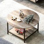 YITAHOME Round Coffee Table, Rustic Wood Coffee Table for Living Room, Farmhouse Circle Coffee Table with 2-Tier Storage, Center Table with Sturdy Metal Legs Storage Shelf, Grey Wash and Black