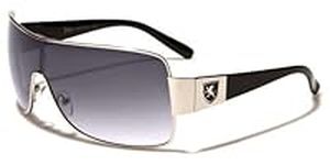 Khan Designer Retro Flat Top Shield Wrap Sunglasses for Men (Silver/Black/SmokeGradientLens)