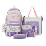 Damaiyiyiyi 5PCS Kawaii backpack set with cute bear pendant, sweet school backpack, suitable for teenage girls (Purple;)