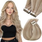 Sunny Hair Tape in Hair Extensions Human Hair Invisible Tape in Hair Extensions Straight Tape in Extensions Hair Extensions for Women 20Pcs 20inch Warm Ash Blonde with Bleach Blonde Highlights