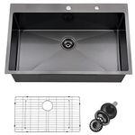 33 Inch Drop in Black Kitchen Sink, Doirteal 33 x 22 x 10 Inch 16 Gauge Stainless Steel Single Bowl Kitchen Sink Topmount Kitchen Sink Single Basin with Bottom Grid