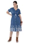 HI-FASHION Embroidered Lace Denim Dress For Women's 3Xl Blue - Below The Knee