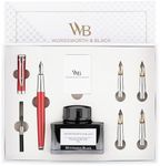 Wordsworth & Black Fountain Pen Gift Set, Includes Ink Bottle, 6 Ink Cartridges, Ink Refill Converter, 4 Replacement Nibs, Premium Package, Journaling, Calligraphy, Smooth Writing Pens [Red Chrome]