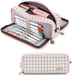 Pencil Case, Big Capacity 3 Compartments Canvas Makeup Cosmetic Pouch for Teen Boys Girls School Students Office (Plaid White)