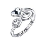 TOUPOP Infinity Rings 925 Sterling Silver Rings for Women I Love You Ring with Crystal Jewellery Gifts for Women White Gold Plated Adjustable Ring for Girls Mum (White crystal)