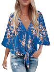 Bluetime Womens Summer Tops Boho 3/4 Sleeve V Neck Tie Front Shirts Casual Floral Blouses, Blue, S