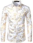 PARKLEES Men's Luxury Paisley Gold Shiny Printed Stylish Slim Fit Button Down Dress Shirt PZLCL18 White Gold M