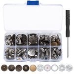 50 Pcs Jean Buttons, 17mm Jean Buttons Metal Replacement, Waist Tightener for Trousers, Adjustable Removable Instant Clips Snap Pins Buttons for Jeans Pants, with Screwdriver, 10 Styles