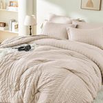 JOLLYVOGUE Beige Queen Comforter Set 7 Pieces - Seersucker Bed in a Bag Bedding Set for All Seasons - Soft and Comfortable - Machine Washable