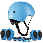 ValueTalks Kids Bike Helmet and Pads Set 7pcs Adjustable Kids Skate Helmet Knee Pads Elbow Pads Wrist Pads for Bicycle Scooter Roller Skate (Blue)