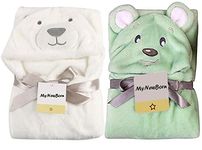 MY NEWBORN Baby's Fleece Bath Towel Hooded Wrapper, White Bear, Green Puppy - Pack of 2