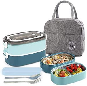 UHAPEER 2 Tier Bento Box Lunch Box for Adults and Kids, Leakproof Bento Lunch Box with 3 Compartments and Cutlery (Spoon & Fork), Portable Adult Lunch Box with Lunch Bag for Work Office School