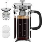 QUQIYSO French Press Coffee Maker 304 Stainless Steel French Press with 4 Filter, Heat Resistant Durable, Easy to Clean, Borosilicate Glass Coffee Press, 100% BPA Free Glass Teapot, 21 ounce, Silver