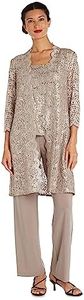 R&M Richards Women's Tank Top and Pant Set with Sheer Lace Jacket, Champagne, 45