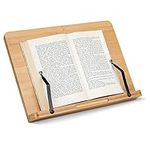 Navaris Bamboo Book Stand - Hands-Free Reading Recipe Cookbook Tablet Holder with 2 Adjustable Metal Page Holders with Grips - Bamboo Book Easel