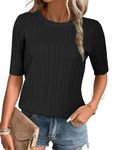 Arach&Cloz Women's Summer Sweater 2024 Trendy Short Sleeve Spring Tops Casual Crewneck Knit Pullover Shirt Black