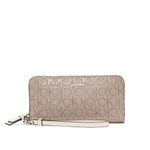 Calvin Klein Women's Key Item Saffiano Continental Zip Around Wallet with Wristlet Strap, Almond/Taupe/White Embossed, One Size