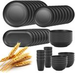 Lazycorner 48-Pcs Kitchen Wheat Straw Dinnerware Set, Service for 8, Plastic Reuasble Dinner Dishes Serving Plate Set for Kitchen, Including Dinner Plate, Dessert Plate, Bowl, Cup(Black)