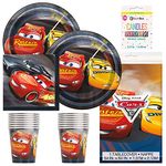 BashBox Disney Cars 3 Birthday Party Supplies Pack Including Plates, Cups, Napkins, Tablecover (16 Guests) Plus BONUS BashBox Candles…