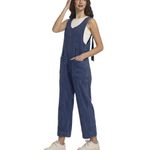 VOHOTO Womens High Roller Denim Jumpsuit Baggy Loose Fit Jean Overalls Adjustable Straps Sleeveless Jumpers with Pockets, Dark Blue, Small