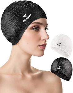 2 Pack Unisex Silicone Swim Cap for Women Men, Large Size Swimming Caps for Long Hair/Braids to Keep Hair Dry, Waterproof Bathing Caps for Swimming with Ear Plugs & Nose Clip Set(Black&White)