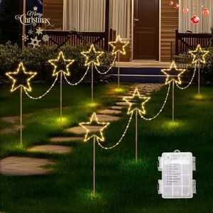 Quntis 4 Pack Outdoor Christmas Pathway Decoration Lights, 144 Led Christmas Star String Lights Battery Powered Garden Stake Lights with 8 Modes & Timer IP65 Waterproof for Holiday Path Yard Lawn