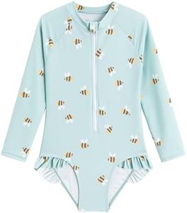 LIZENS Girls' One-Piece Swimwear Rash Guard Swimsuit Zipper Bathing Suits Long Sleeve Ruffle Girl Full Cover Flower Print(BL119,3-4T) Green