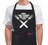 Xornis 100% Cotton Funny Apron for Men Women May The Forks Be With You Adjustable Bib Aprons with 2 Pockets Funny Gifts Grilling Grill Kitchen Cooking BBQ Black