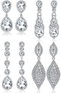 Jstyle 4 Pairs Clip on Earrings for Women Rhinestone Crystal Wedding Earrings Elegant Silver Teardrop Drop Dangle Clip on Earrings for Bride Bridesmaid Non Pierced Earrings Classic Style, Stainless