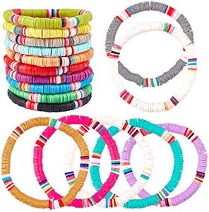 AHANDMAKER Lot de 17 bracelets bohèmes colorés pour femme, 17 styles de bracelets élastiques en perles d'argile polymère faits à la main, ensemble de bracelet perles heishi arc-en-ciel, plage color ée