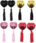 4 Pairs Reusable Adhesive Nipple Cover,Shiny Sequin Silicone Heart-Shaped Breast Pads Pasties Bra with Tassel