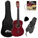 TIGER CLG6-RD Beginners 1/2 Size Classical Guitar Pack - including Gig Bag, Spare Nylon Strings and Guitar Pick - Red - Now with 6 Months Free Lessons Included