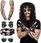 7 Pcs Rocker Costume Men's Wigs Black Curls Disco Costume Men's Party Costume Men with Wigs Sunglasses Beards Sleeves Gloves Headscarves for 70s 80s 90s