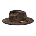 RUEDIGER Wide Brim Fedora Hats for Men Women 100% Wool Felt Panama Rancher Hat with Lightning Logo Distressed/Burned Handmade, Black-2, 7 1/4