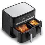 T-fal Easy Fry 7-in-1 8.3-qt (7.8L), 2-different sized drawers Dual Air fryer, Air Fry, Extra Crisp, Roast, Bake, Reheat, Dehydrate, Sync Mode, Dishwasher Safe Baskets, Black & Metal