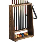 MyGift Rustic Burnt Brown Solid Wood Freestanding Billiards Acessories Storage Rack - Floor Standing Pool Cue Holder, Ball Shelf, and Triangle Hook