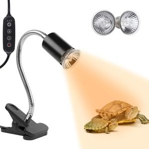 LUCKY HERP Reptile Heat Lamp with Clamp, Aquarium Turtle Tank Basking Light with 360° Rotatable Timing & Dimming and 2 Pack 50W UVA UVB Heat Light Bulb for Turtle Tortoise Lizard