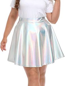 HDE Plus Size Shiny Metallic Skater Skirt High Waisted Holographic Pleated Skirt Holographic - 1X