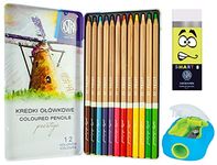 ASTRA Prestige 12 Colouring Pencils in Metal Tin Box Bundle with Smart Eraser and Pencil Sharpener for Children and Adult Artists (3 Items), Multicoloured