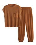 PRETTYGARDEN Womens Two Piece Outfits Sweater Sets Knit Pullover Tops And High Waisted Pants Matching Tracksuit Sweatsuit Set (Brown,X-Large)