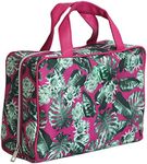 Nicole Miller New York Makeup Bag, Travel and Toiletry Bag, Large Cosmetic Bag with Zippered, Transparent Pockets and Handles, Foldable Makeup Bag for Home and Travel (Hot Pink & Green Leaf Print)