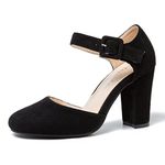 Women's Ankle Strap Pumps Block High Heel Closed Toe D'Orsay Mary Jane Shoes, Suede Black, 6 UK