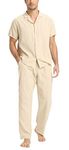 RPOVIG Linen Shirt Pants Outfits:Men's Linen Sets 2 Piece Short Sleeve Shirts Yoga Pants Beach Wedding Suits, Khaki, 3XL