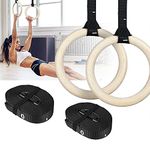 FirstFit Wooden Gymnastics Rings, Roman Ring 1000 lbs Capacity with 14.5ft Adjustable Buckle Straps for Cross Fitness Functional Training for Home Gym Full Body Workout - Off White