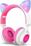 Riwbox Bluetooth Headphones, CT-7 Cat Ear LED Light Up Wireless Foldable Headphones Over Ear with Microphone and Volume Control for iPhone/iPad/Smartphones/Laptop/PC/TV (White&Pink)