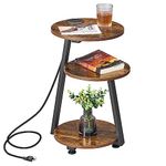 BEWISHOME Round End Table with Charging Station, Side Table Accent Table Nightstand Bedside Table with 3-Tier Shelves, Small Table for Living Room Bedroom Couch Table Coffee Table Rustic Brown KTZ51Z