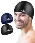 Winsyne 2 Pack Silicone Swimming cap for Men Women, Unisex Adult Swimming Hat for Short/Long Hair to Keep Hair Dry, Waterproof Bathing Swim Cap(Black&Navy)