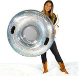 SnowCandy Silver Glitter Snow Tube – Large Inflatable Snow Sled with Holographic Sparkle – Heavy-Duty, Cold-Resistant PVC, Supports Up to 250 lbs