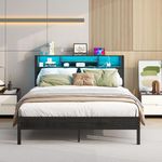 Bed Frame Queen Size with USB Charging Station and LED, Metal Platform with Wood Storage Headboard, Black Bed Frames with Under Bed Storage, No Box Spring Needed, Noise Free,Easy Assembly